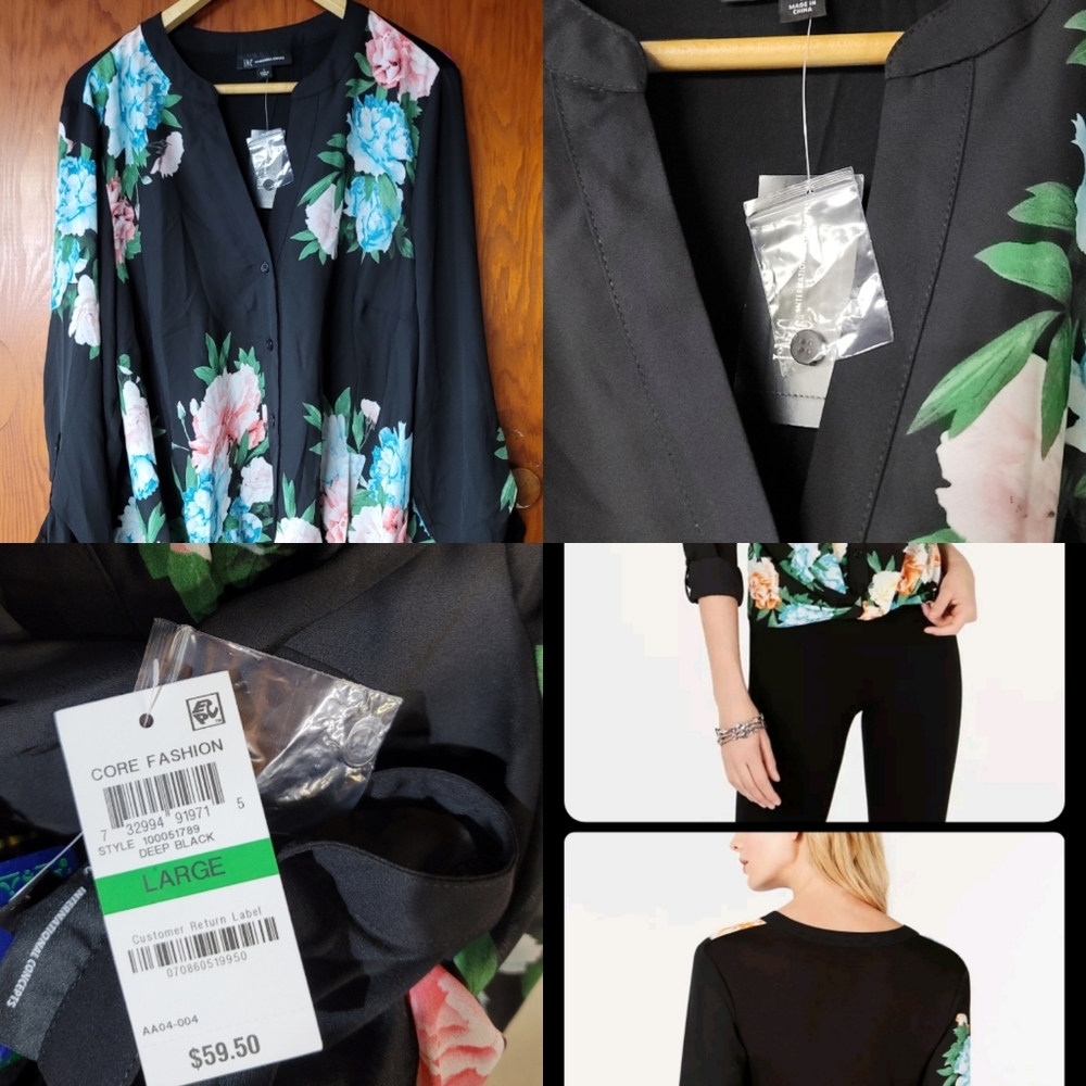 INC International Concepts Women's Cloud Burst Floral Top Black Size Large